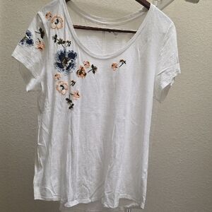 LOFT White Scoop Neck Tee with Blue and Peach Floral Embroidery